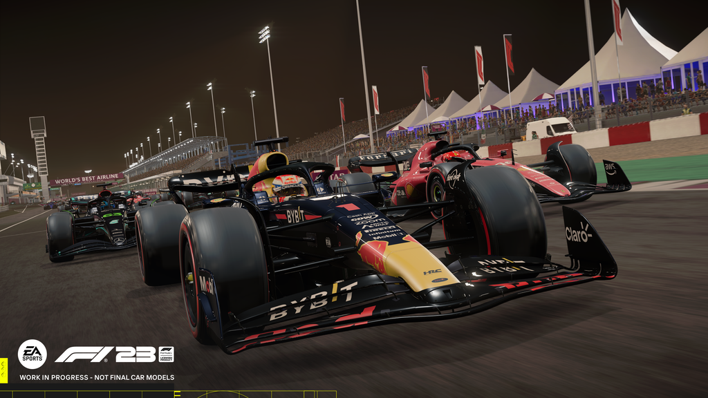 F1 23 WIP Screenshot of Max Verstappen leading Charles Leclerc & George Russel at the Lusail I...png